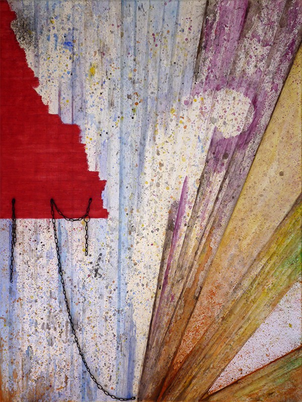 Watercolour pencil, paper tape, wire, nails, decorative paint on canvas, 80 x 60 cm, 2012. © Kyriakos Papageorgiou