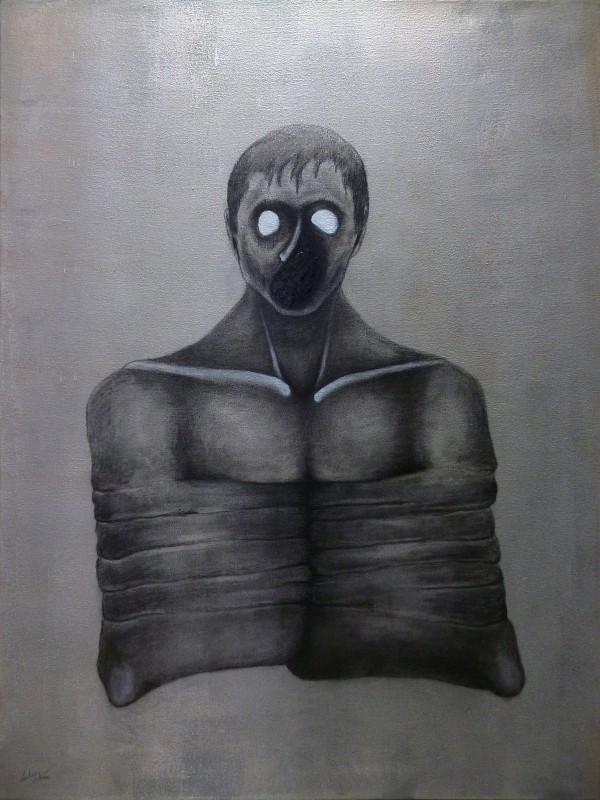 Γραφίτης, κάρβουνο, ακρυλικό, χαρτοταινία σε καμβά, 80 x 60 εκ, 2014. © Κυριάκος Παπαγεωργίου